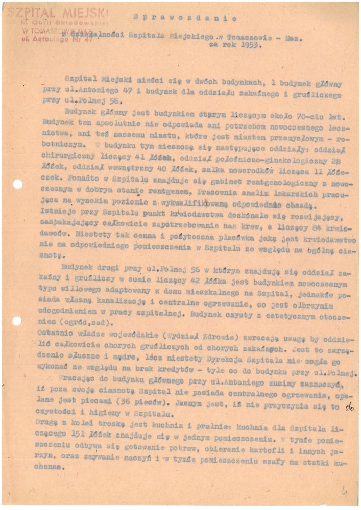 Sprawozdanie z działalności szpitala za 1953 r.